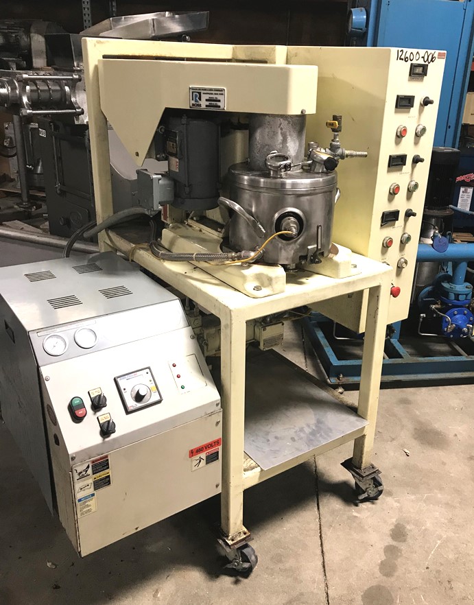 Used Ross Model PVM-2, triple motion stainless steel mixer.  2 gallon.  Stainless steel jacketed change can. Tri-Shaft Vacuum mixer.  Triple mixers including (1) 1/2 hp 3 phase 60 cycel 208-230/460 volt 1725 rpm  three wing anchor agitator with scrapers on side and bottom of can.  (1) 3/4 hp 3 phase 60 cycle 208-230/460 volt 3450 rpm High Speed disperser. (1) 3/4 hp 3 phase 60 cycle 208- 230/460 volt 3450 rpm High shear rotor stator mixer.   Mixer motors  30 Hp 3 phase 60 cycle 230/460 volt 1765 rpm.  Change can is jacketed and on castors.   Hydraulic lift.  Includes Mokon heater Model DB41109BF 3 phase 60 cycle 460 volt 9 kw.  Mounted all on mobile cart. 